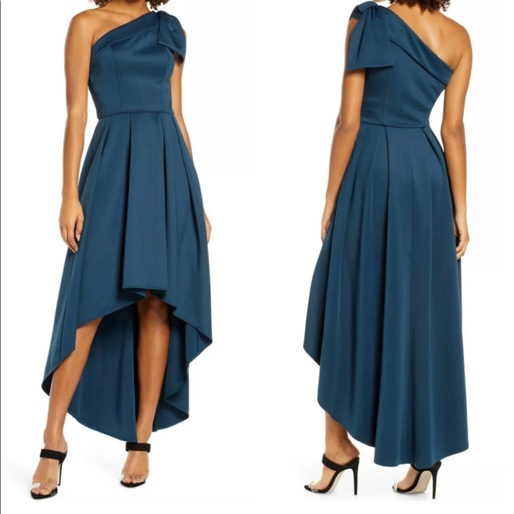 Chi Chi London One Shoulder Bow Midi Dip Hem Dress size 8